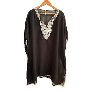 Kaftan‎ Swim Coverup Plus Size Black White Crochet Lace Sheer V-Neck Boho Resort
